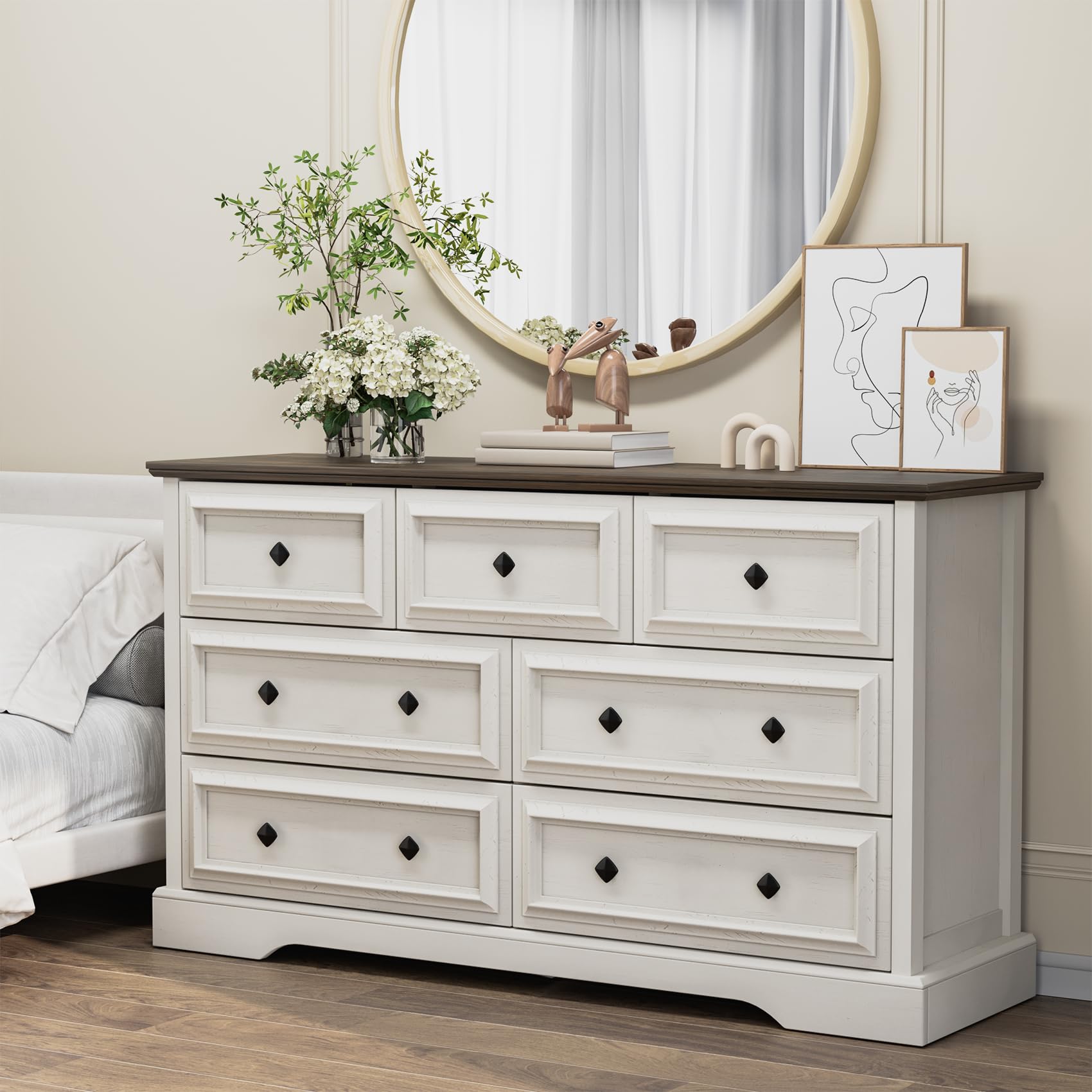 VVFLU Farmhouse 7 Drawer Dresser for Bedroom, 54" Wide Wooden Dresser with Natural Texture & Vintage Metal Knobs, Large Chest of Drawers for Bedroom,