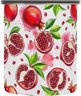 DOMIKING Seeds Pomegranate White Stainless Steel Coffee Canister Airtight Lid Food Storage Container Home Kitchen Organizer for Ground & Coffee Bean Storage Cereal Sugar 900ML