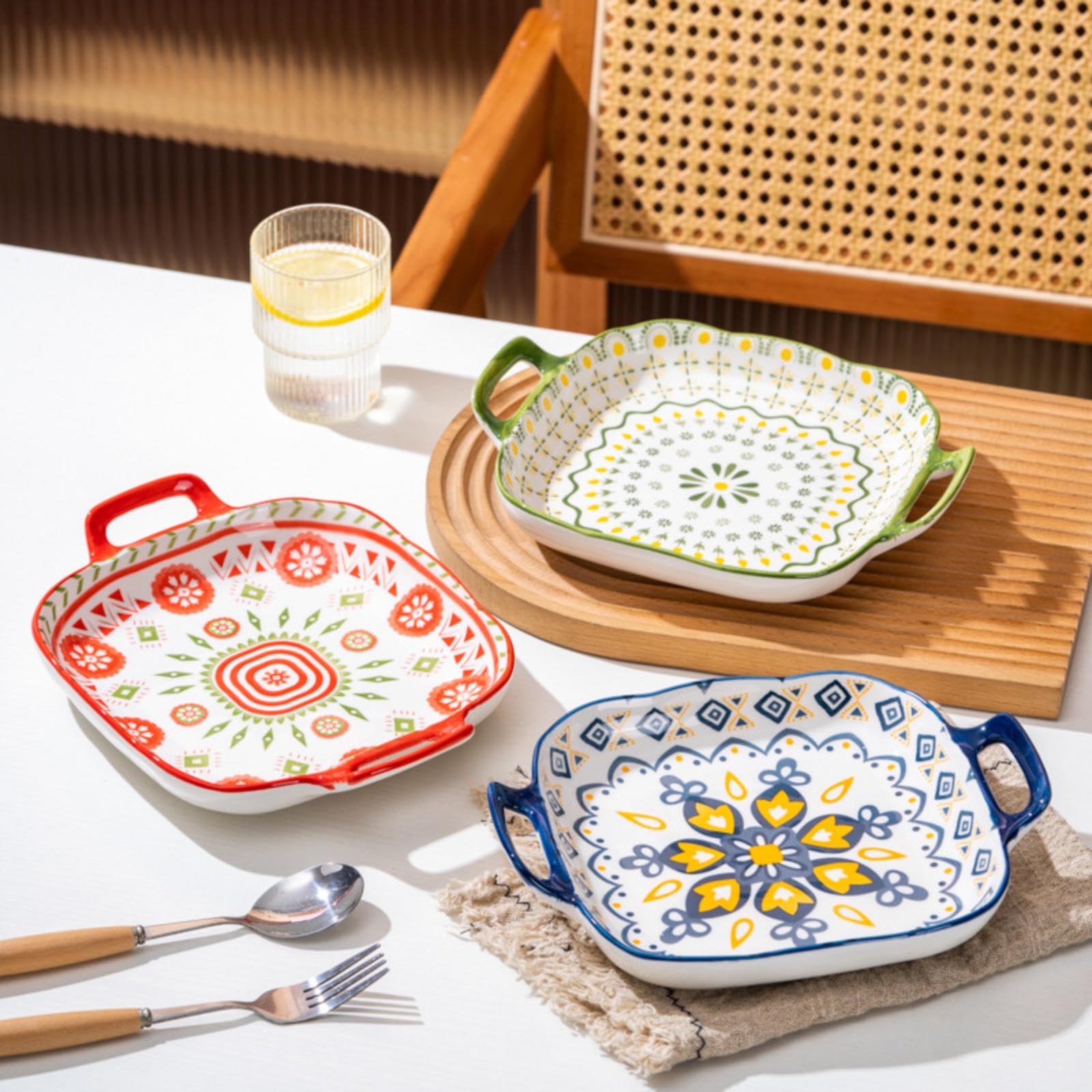 Set di piatti piani in ceramica, piatti da insalata in porcellana con manico, piatti da dessert in ceramica floreale, set di piatti da pranzo decorativi, per antipasti, bistecca, frutta,