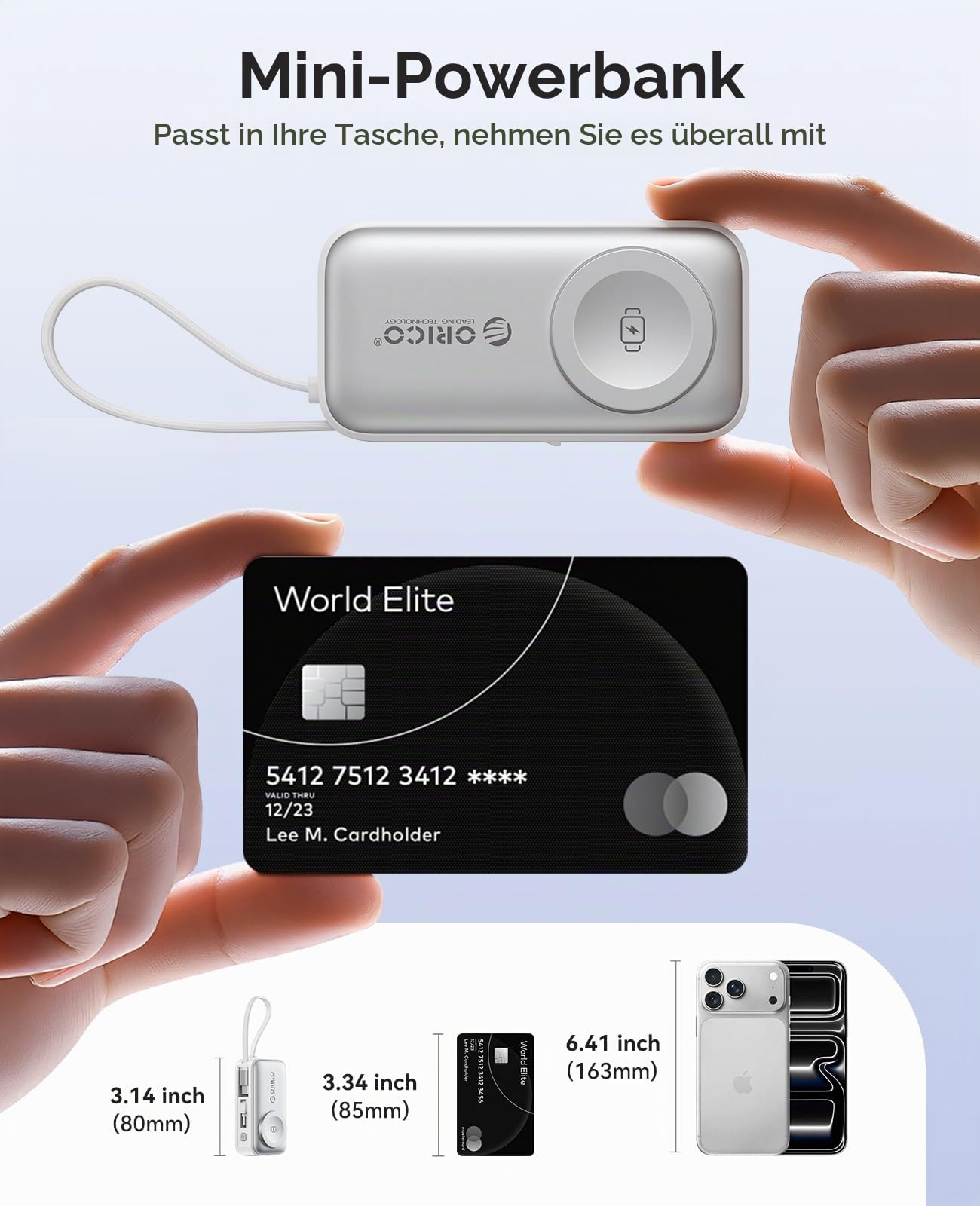 ORICO Mini Powerbank 5000mAh Weiß, Kompatibel mit Apple Watch und iPhone | PD 22,5W Schnellladung, Aufstellständer, nur Apple Watch Ladefunktion, klappbarer USB-Stecker, integriertes USB-C Kabel