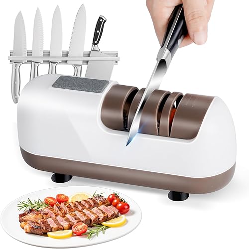 Afilador de cuchillos eléctrico, profesional inalámbrico de 2 etapas, afilado 100% diamante con base de succión, afilado y pulido rápido, fácil de