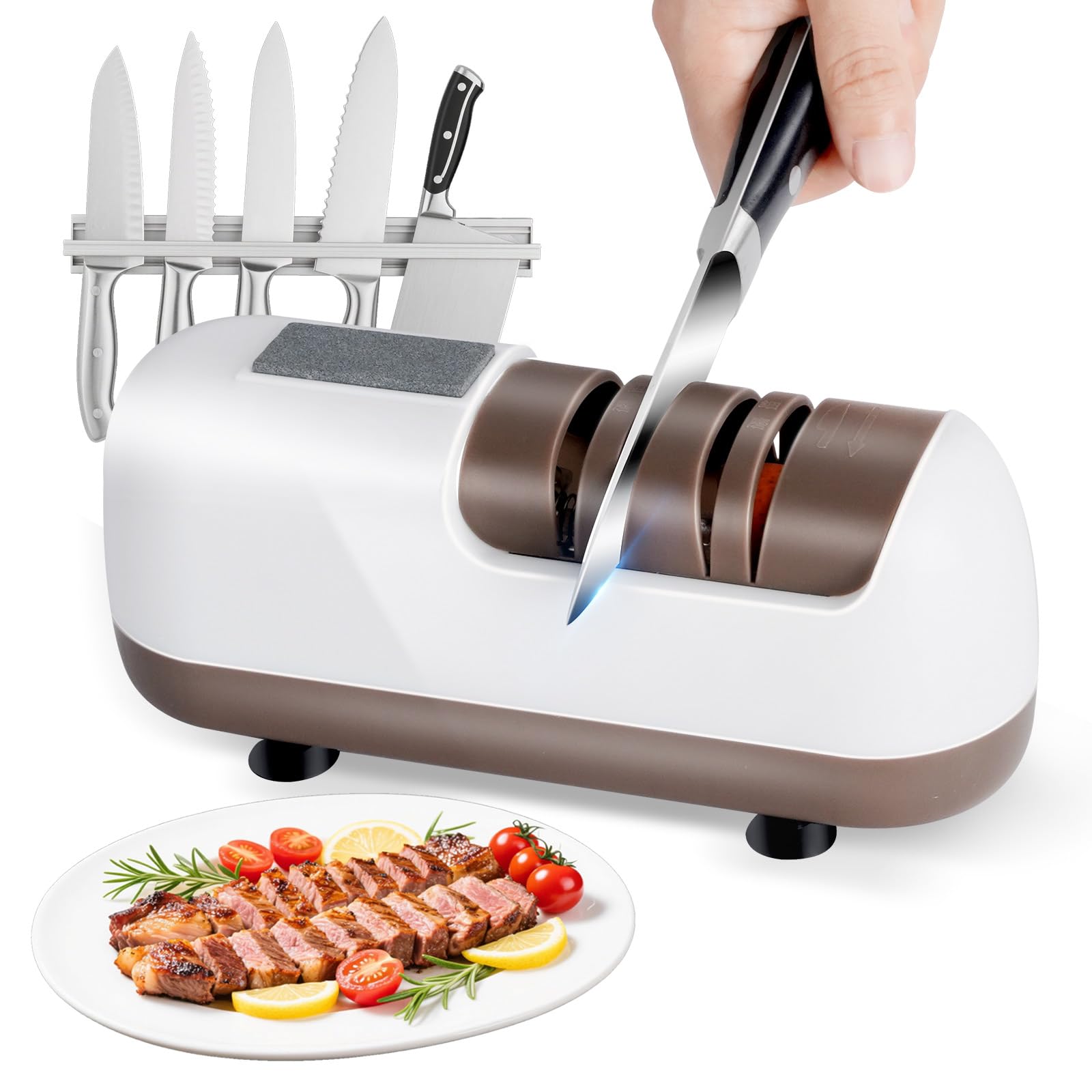 Electric Knife Sharpener, Cordless Professional 2 Stage Sharpening 100% Diamond with Suction Base Top Grinder Quick Sharpening and Polishing Easy to Use for Kitchen Knifs Scissors