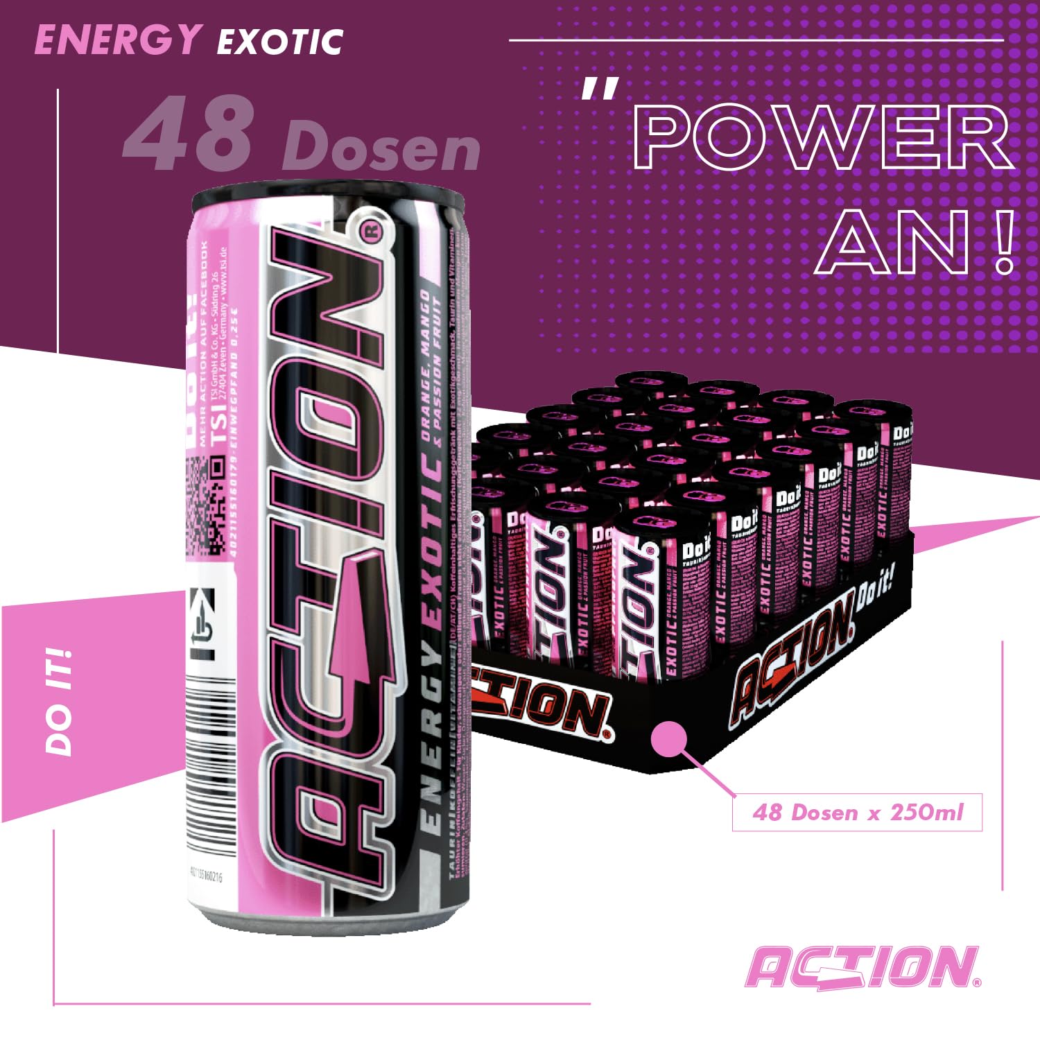 Action Energy Drink Exotic (48 x 250 ml) incluye depósito – Refresco con naranja, mango y sabor a fruta de la pasión – patata energética con mayor contenido de cafeína 32 mg/100 ml de cafeína enfoque