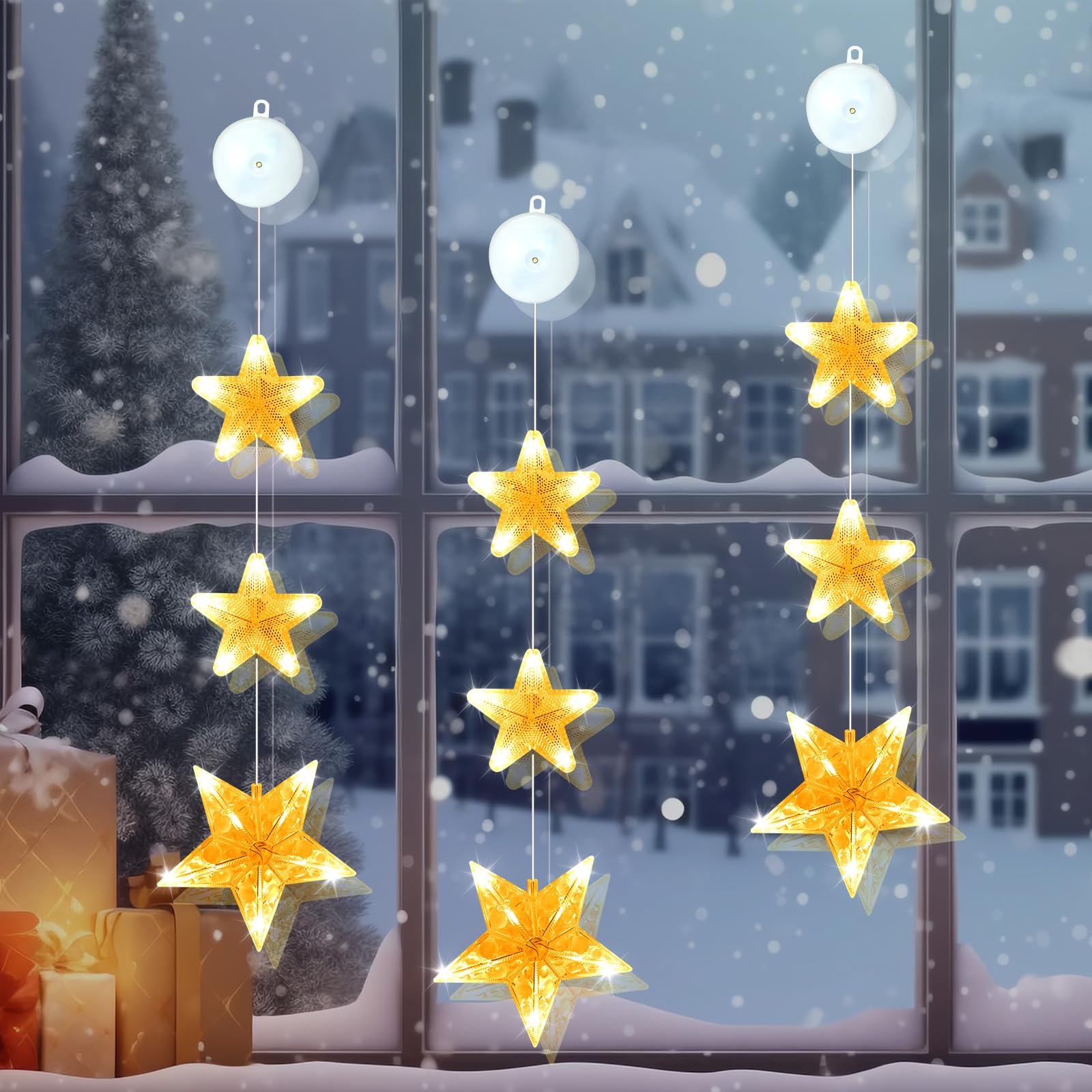 Ulikey Cortina de Luces con Estrella a Pilas, Luces LED de Navidad, 3 Unidades, luz Blanca Cálida, 2 Modos, Temporizador, Iluminación de Ventana de Navidad para Decoración de Fiesta (Estrella)