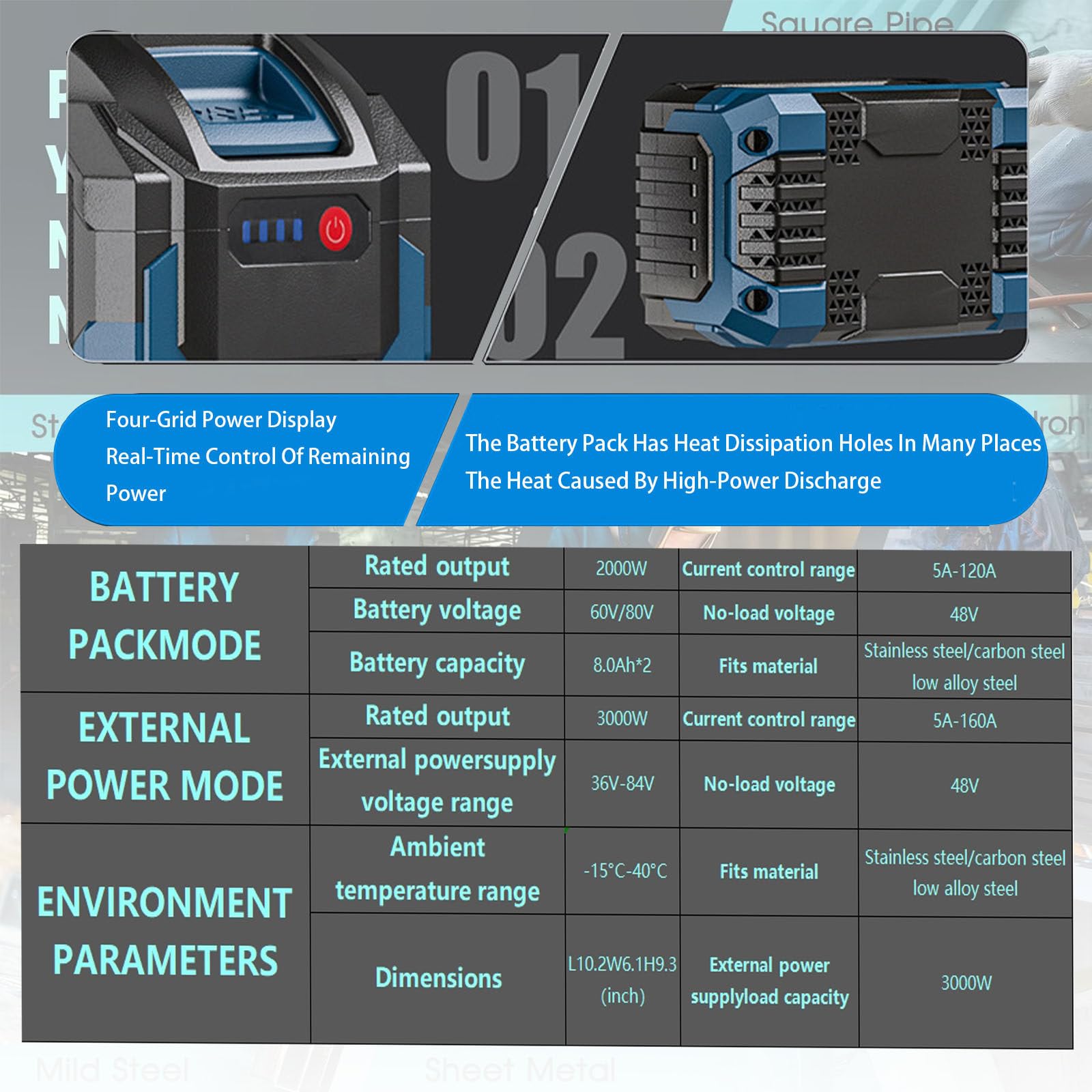 Máquina de Soldar Inalámbrica Portátil,Alimentada por BateríA, máquina Soldadura MMA ARC DC,con Pantalla LED,para Soldadura de Metal. 4batteries