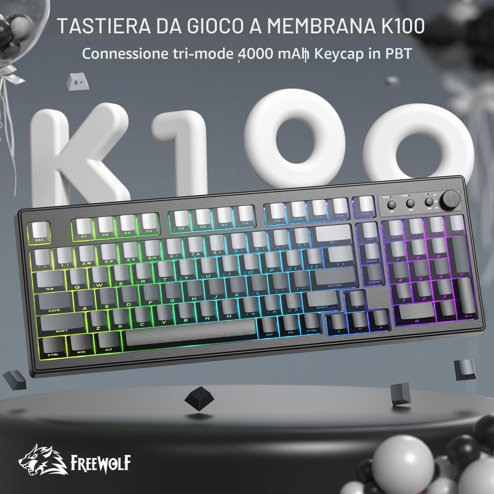 FREEWOLF K100 Tastiera Gaming Senza Fili RGB con Tastierino Numerico, Connessione Bluetooth/2.4G Senza Fili/USB-C Cablata, Tasti Incisi sui Lati in PBT Gradiente, 4000mAh, Manopola Multimediale - Nero
