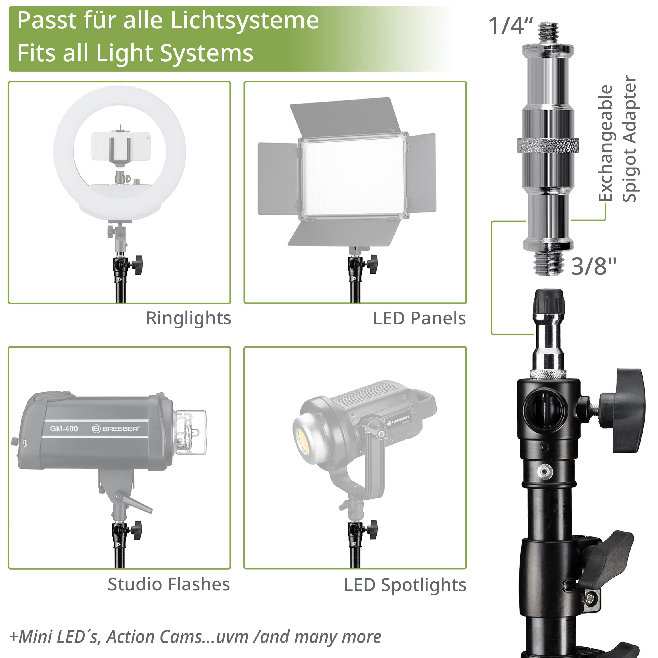 Bresser BR-TP400R Stativo 400cm per Flash da studio / Luce continua | Alluminio, altezza regolabile da 134 a 400 cm, chiuso 118 cm, 4 sezioni, adattatore spigot da 1/4 e 3/8 pollice