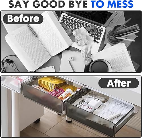 Miniatura 4 de Davidsons Collection - Cajón autoadhesivo debajo del escritorio, 2 paquetes de organizador oculto para mesa, bandeja de almacenamiento grande para