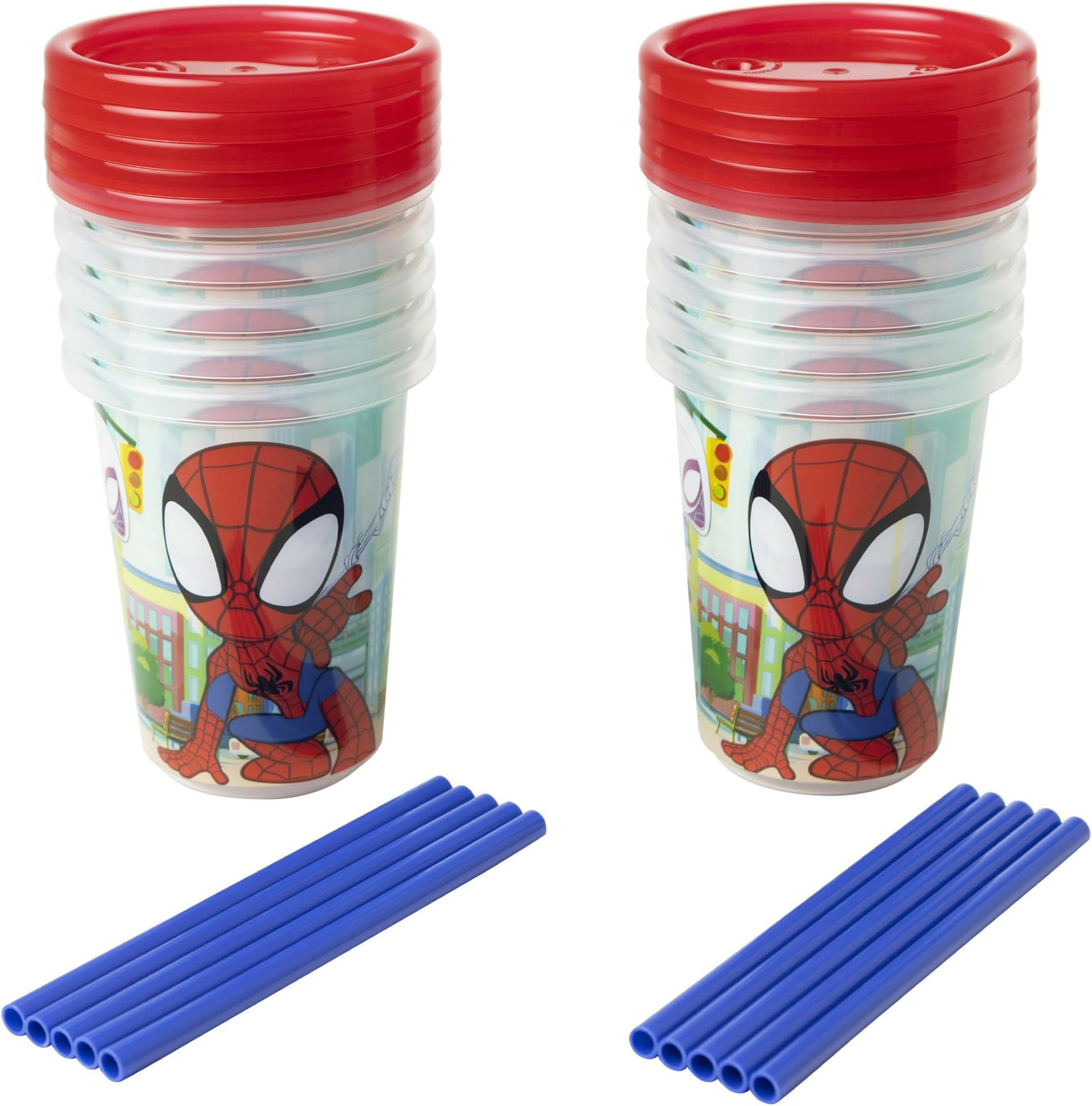 The First Years Spidey and His Amazing Friends Take & Toss Toddler Straw Cups - Spill Proof Toddler Sippy Cups with Snap On Lids and Straws - Spider-Man Gifts and Party Supplies - 10 Oz - 10 Count