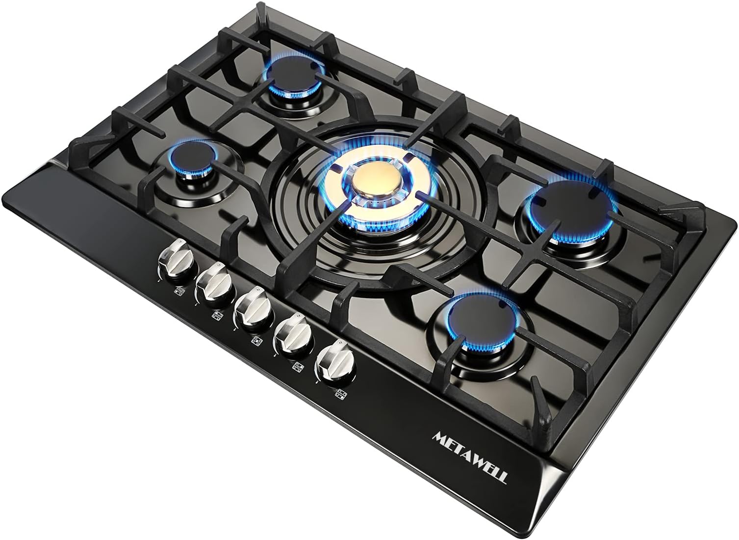 Black Gas Cooktop 30 inch - 5 Burner Built In Gas Cooktop, Titanium Stainless Steel Gas Stoves, Gas Top Stove with Golden Burner, Dual Fuel LPG/NG Convertible Natural Gas Hob, Easy to Clean