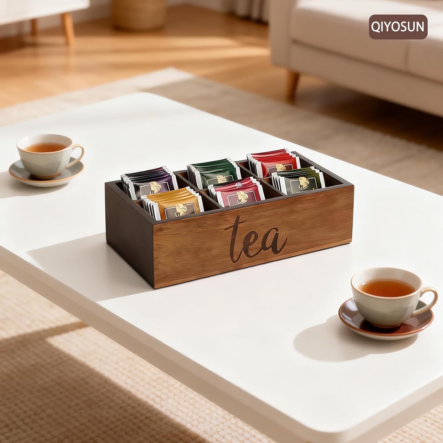 Acacia WoodenTea Storage Containers, Farmhouse Tea Bag Caddy Box, Sugar Packet Holder for Sugar, Beverage Supplies, Sweeteners, Individual Packets (Brown, 10 Inch)