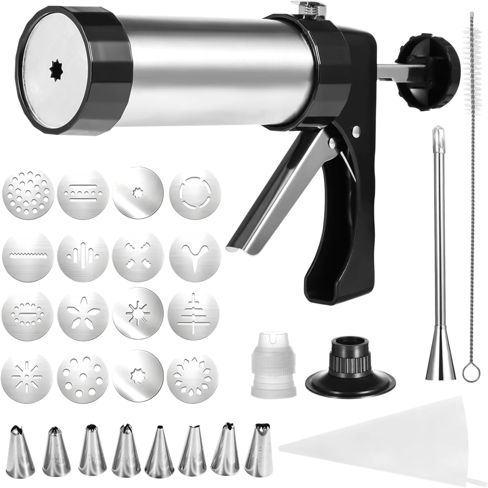 Kit de machine à churro – Pistolet à churro en acier inoxydable avec 8 douilles à douille, 16 disques, 1 brosse et poche à douille, presse à biscuits multifonction pour churros, beignets et