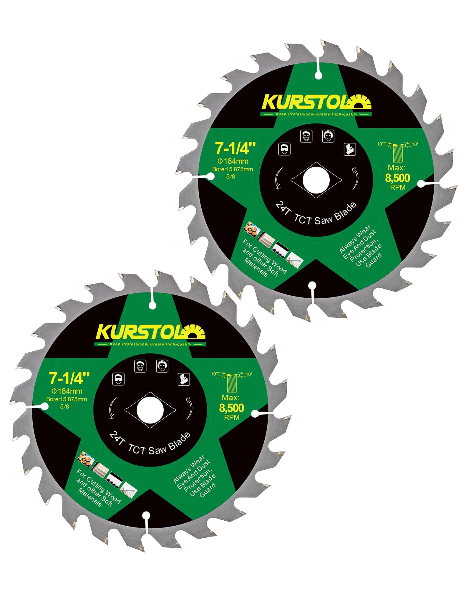 KURSTOL Wood Circular Saw Blade - 184 x 15.875mm 24 Tooth TCT Cutting Blade for Wood, Plastic, Plywood, Particle Boards, Multilayer Boards(2 Pack)