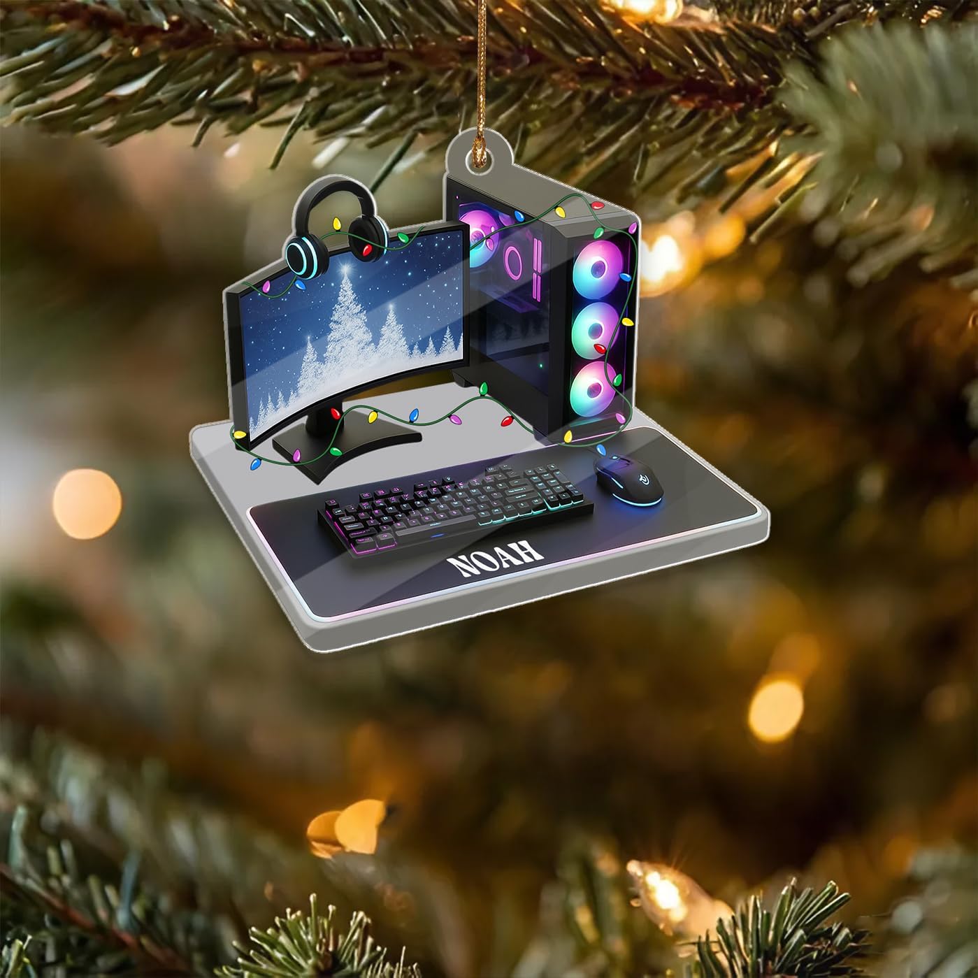 Personalized Gamer PC Ornament, Custom Gaming Computer Setup Christmas Ornaments with Name, Gift for Gamers Boy Girl, Computer Desk Tree Hanging Decor, Gaming Room Keepsake for Video Game Lovers
