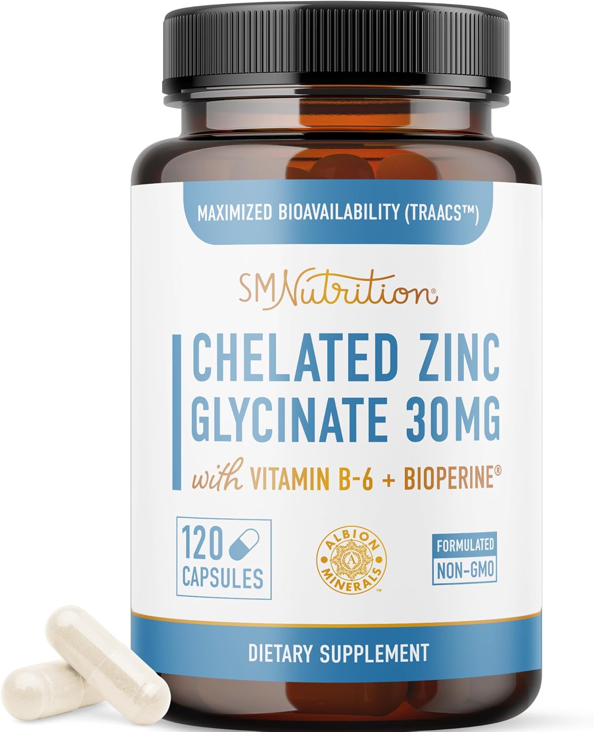 Chelated Zinc Supplements | Zinc Glycinate 30mg | Highly-Absorbable TRAACS Chelated Bisglycinate, Vitamin B6 and BioPerine | Immune Support, Acne & Energy | Non-GMO, Gluten-Free | 120 Capsules
