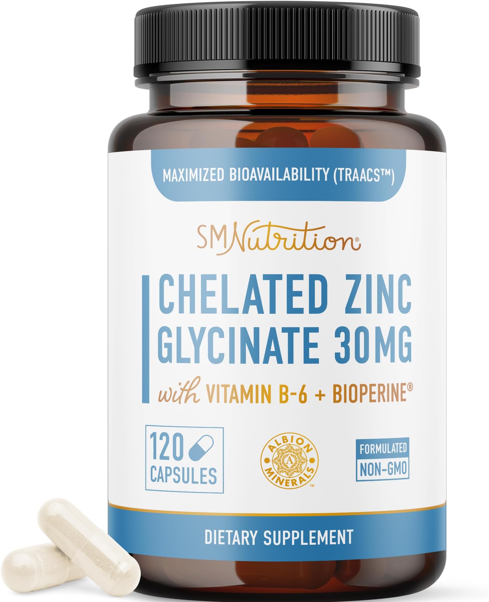 Chelated Zinc Supplements, Zinc Glycinate 30mg, Highly-Absorbable, Non-GMO