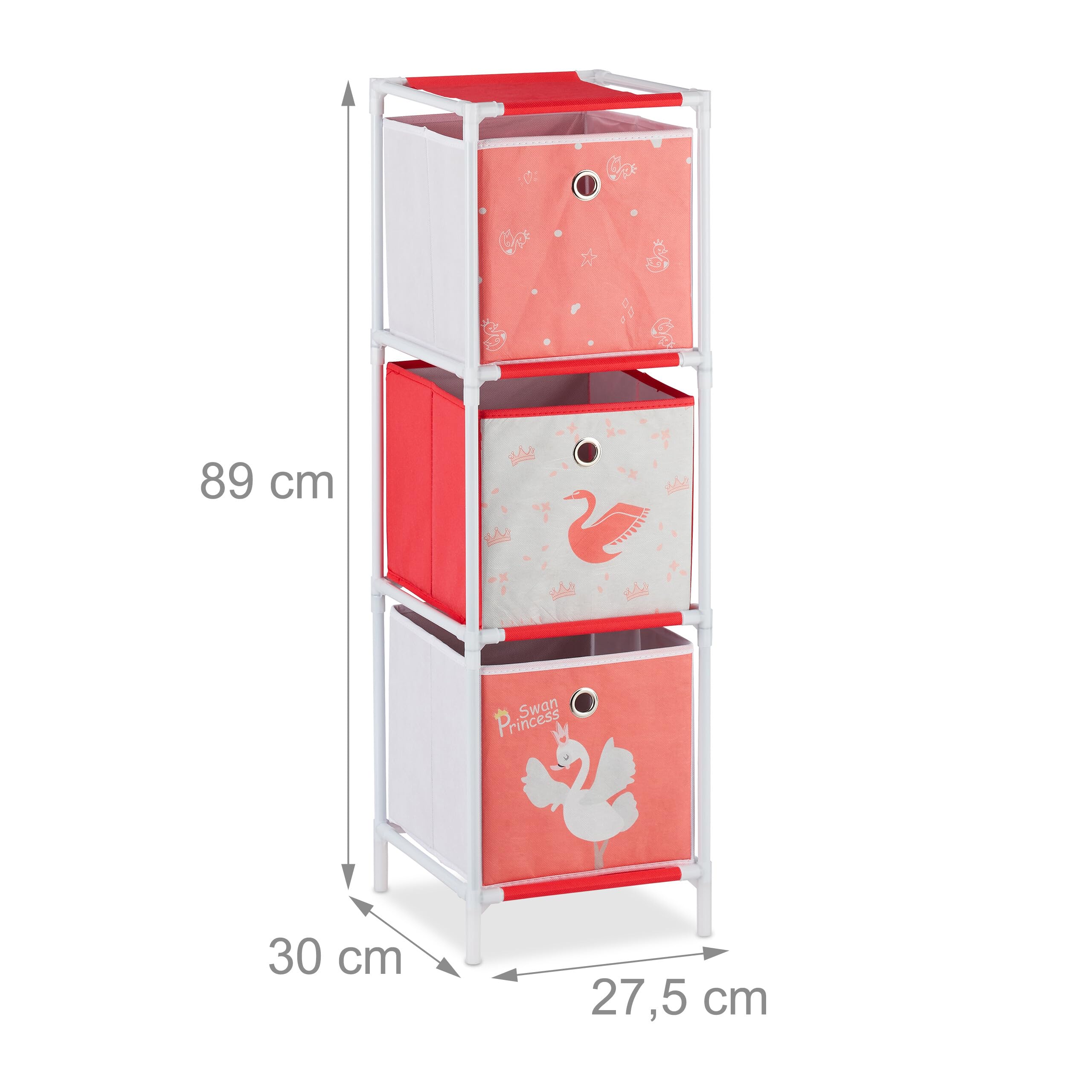 Relaxdays Scaffale per Giocattoli con 3 Scatole, Bambini Bambine Design Swan Princess HBT 89x27,5x30 cm, Bianco/Rosso