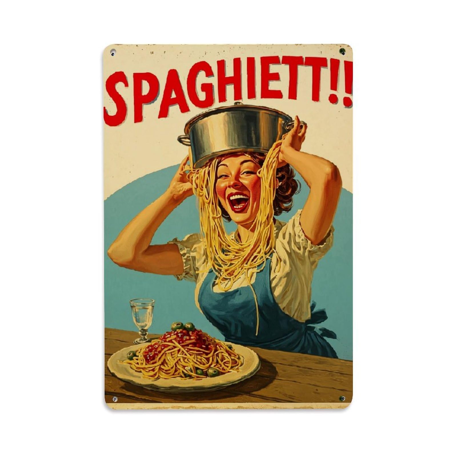 Nestemfo Vintage Spaghetti Woman Wearing Pot Hat Tin Sign Metal Sign, Living Room,Bar, Home, Bedroom Wall Decor,Retro Metal Poster 8X12 Inches