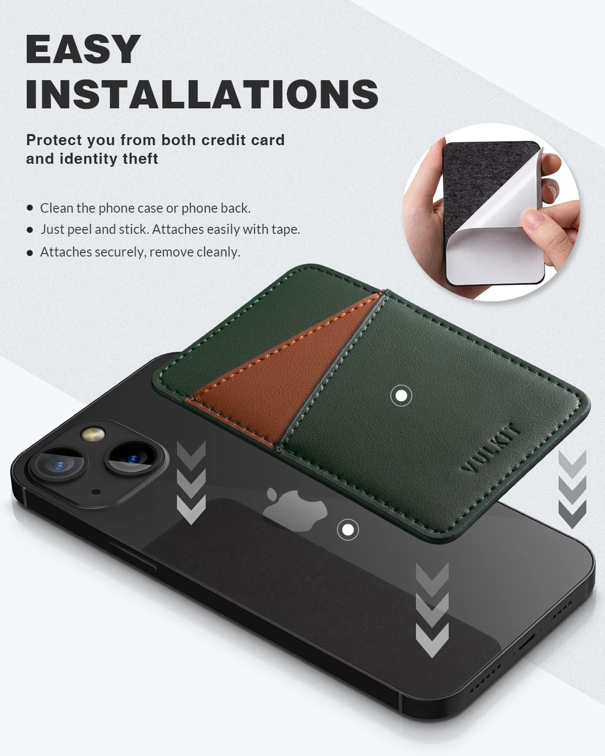 VULKIT Phone Card Holder Wallet Leather Adhesive Pocket RFID Blocking Credit Card Sleeves Stick Back of Phone Smartphones Green - Image 5