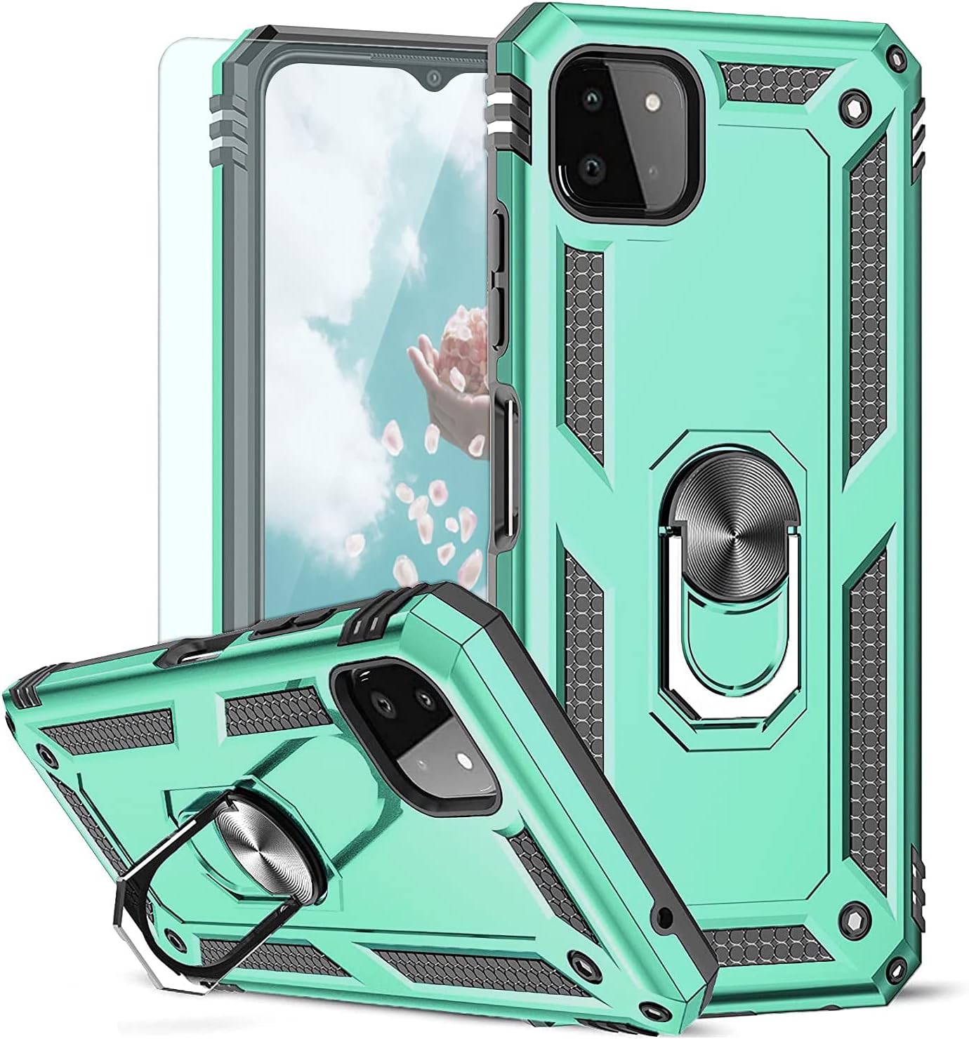 TJS Compatible with Boost Mobile Celero 5G 2021 Case, Samsung Galaxy A22 5G Case, with Tempered Glass Screen Protector, Metal Ring Kickstand Magnetic Support Drop Protective Phone Case (Teal)