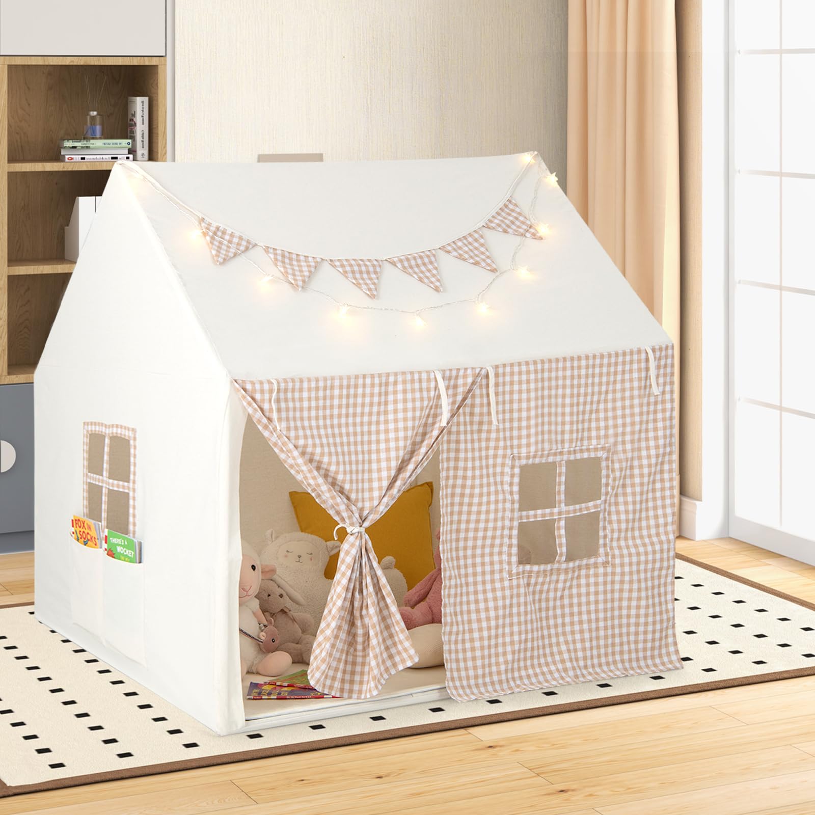 HOMASIS Kinderzelt für Drinnen, Spielhaus mit Lichtern & Matte & Fenstern & Vorhang & Flaggen & Taschen, Spielzelt Prinzessin Zelt Baumwolle für Jungen & Mädchen, Tipi Zelt Kinderhaus Kinderzimmer