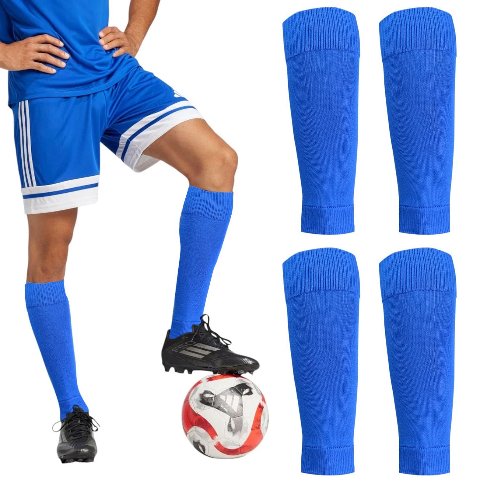 Lunyloer 2Pairs Cut Football Sock Sleeves Sock Sleeve Football, Breathable Football Socks with Leg Guard, Compression Sleeves Soccer Shin Guards Sleeves for Soccer Running Cycling Tennis Golf(Blue)
