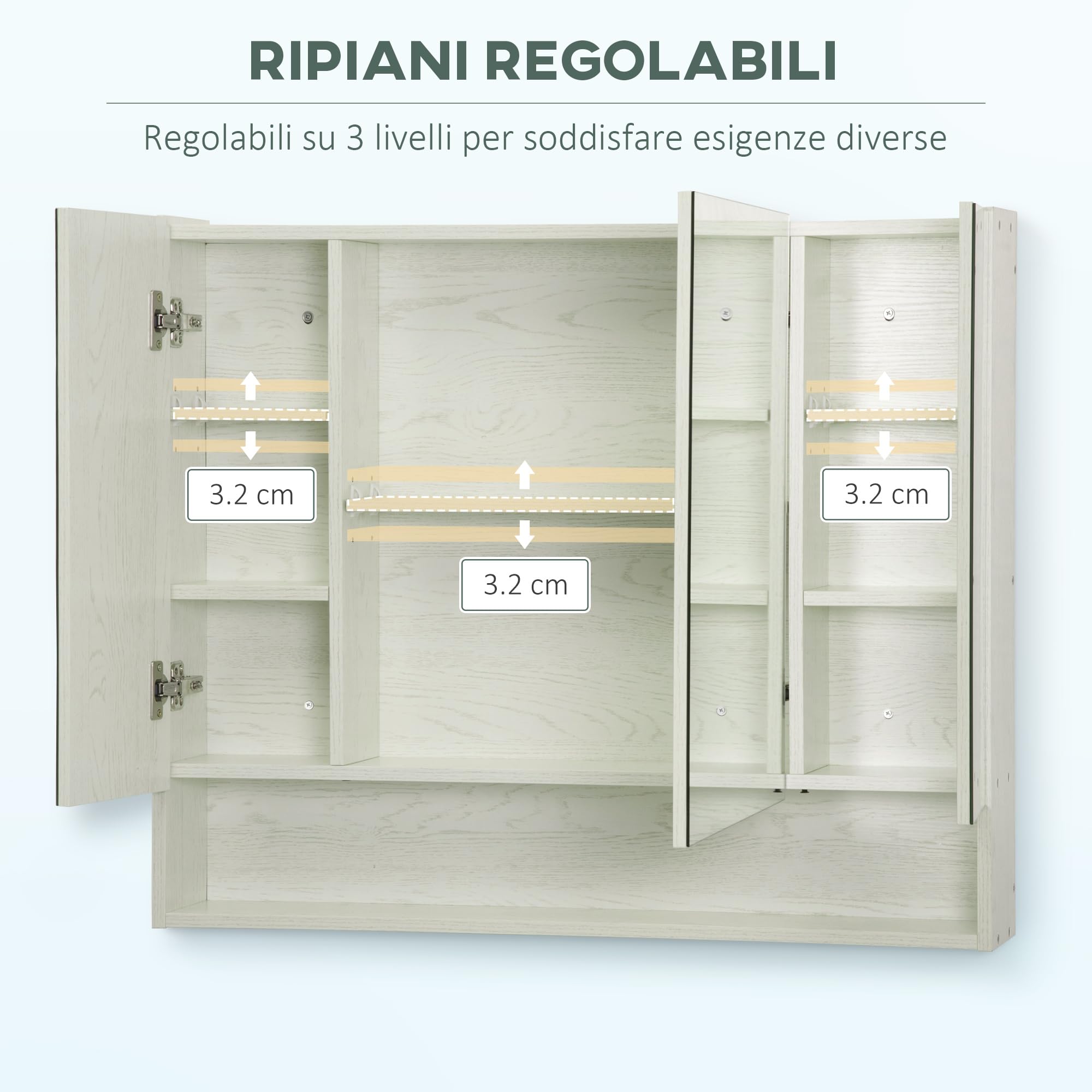kleankin Specchio Bagno Contenitore con 3 Ante Soft Close, 90x15x75 cm Mobile Bagno con Specchio, Ripiani Regolabili, Scomparto Aperto, Mobilettto Bagno da Parete Salvaspazio in Vetro, Effetto Legno