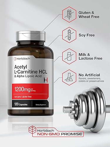 Miniatura 4 de Horbäach Acetil L carnitina HCL y ácido alfa lipoico 1200 mg | 120 cápsulas | Complejo ALC ALA | Suplemento sin OMG y sin gluten