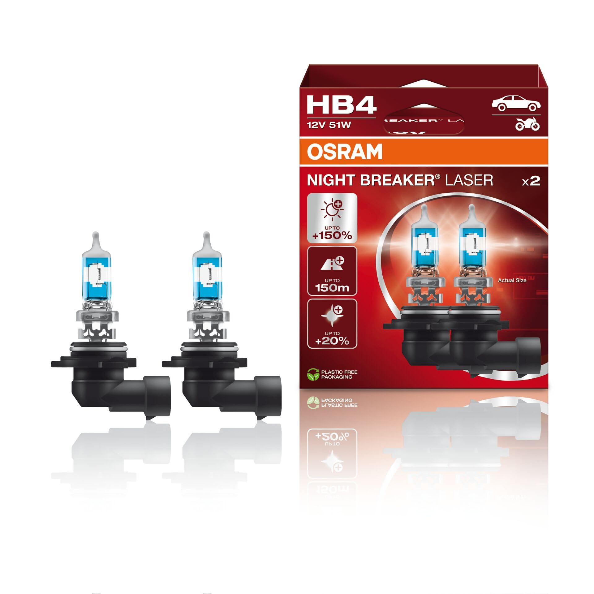 OSRAM NIGHT BREAKER LASER HB4, +150% more brightness, halogen headlight lamp, 9006NL-HCB, 12V, duo box (2 lamps)