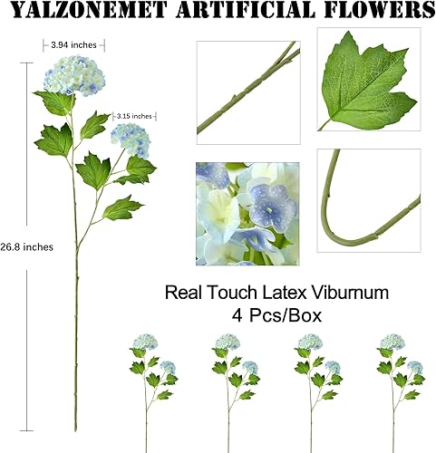 Miniatura 3 de YalzoneMet - Bola de nieve artificial Viburnum, 4 unidades, 26.8 pulgadas, color azul graduado, hortensias pequeñas, 2 cabezas, de látex sintético