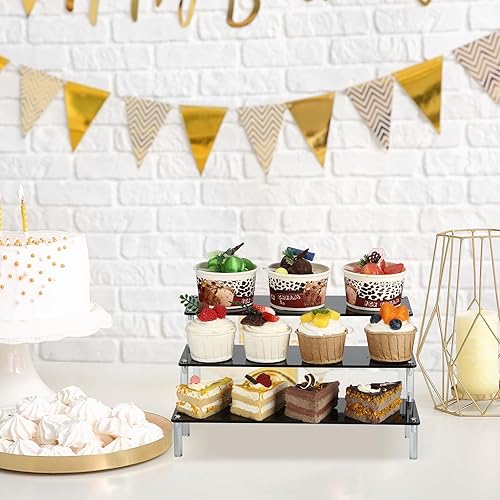 Miniatura 5 de Namalu Paquete de 4 soportes de exhibición de acrílico negro para eventos de proveedores, elevadores de 3 niveles, soporte de perfume transparente