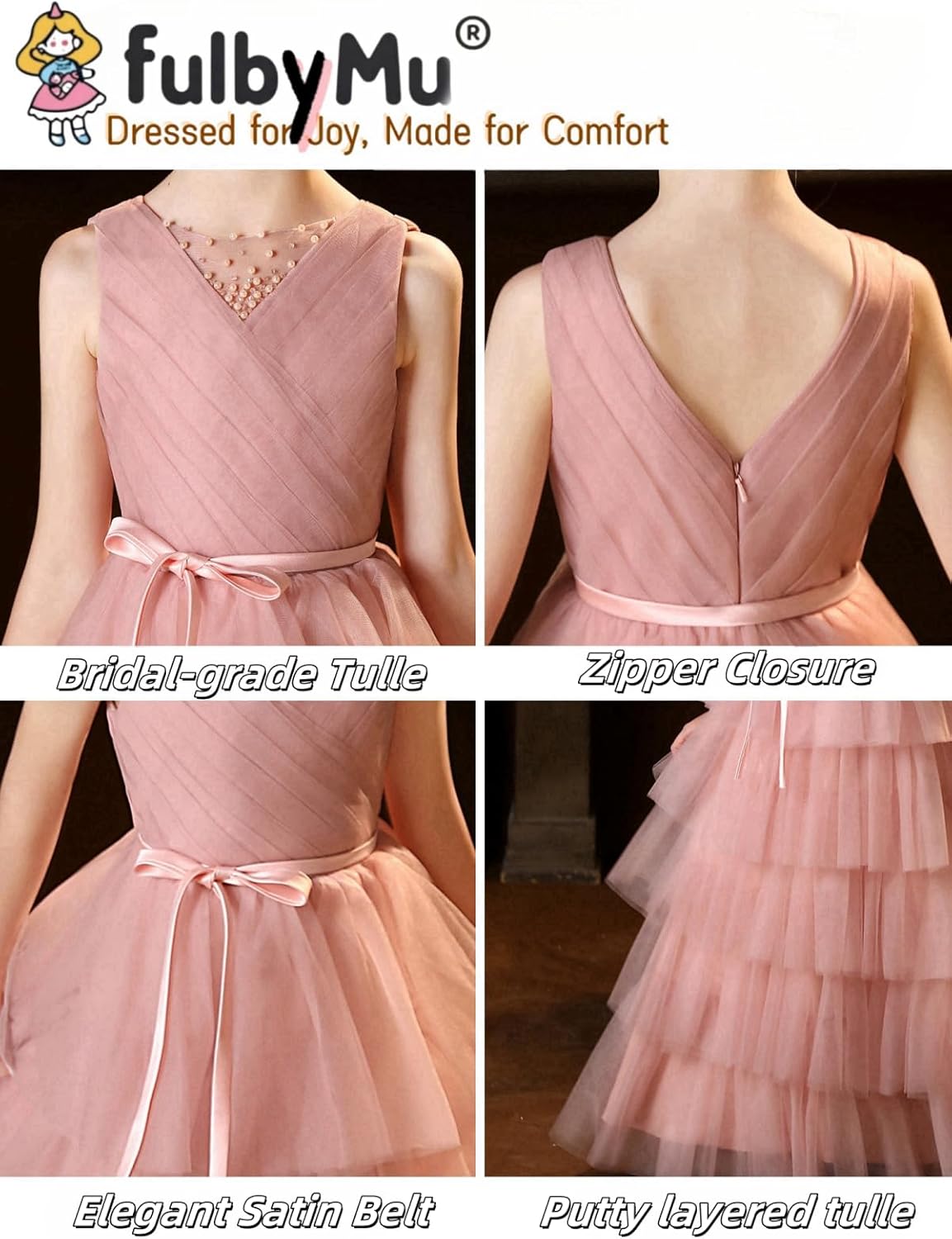 Layered Tulle Flower Girl Dress for Wedding Girls Pageant Dresses with Beads Long First Communion Dress with Belt - Image 2