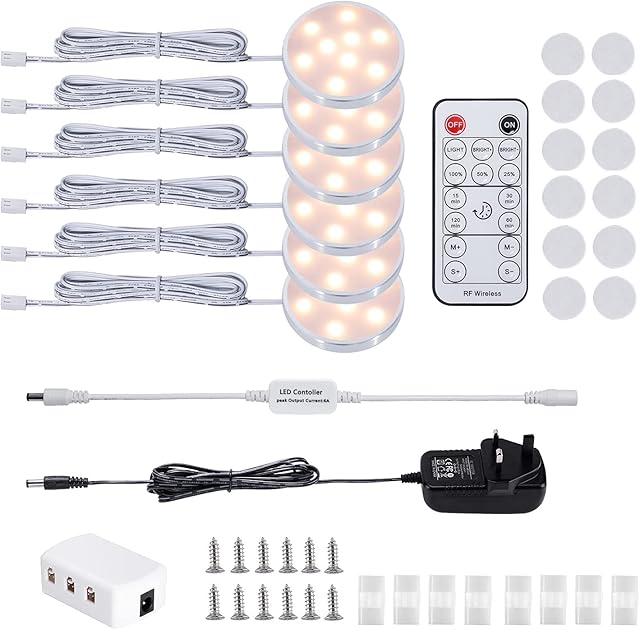 LABOREDUCER Under Cabinet Lighting - Dimmable Cupboard Lights with Remote Control & 6 Pack Puck Lights Display Kitchen Cabinet LightingClosetCounterBookshelfWardrobe (2700K Warm White)
