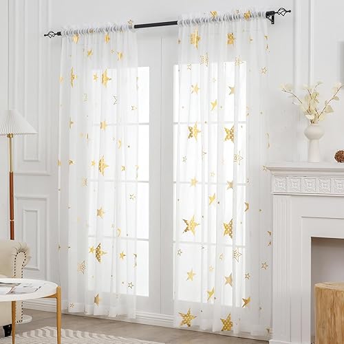 Miniatura 8 de Cortinas traslúcidas doradas y blancas de 63 pulgadas de largo, juego de 2 paneles para sala de estar, cortinas traslúcidas con aspecto de lino para