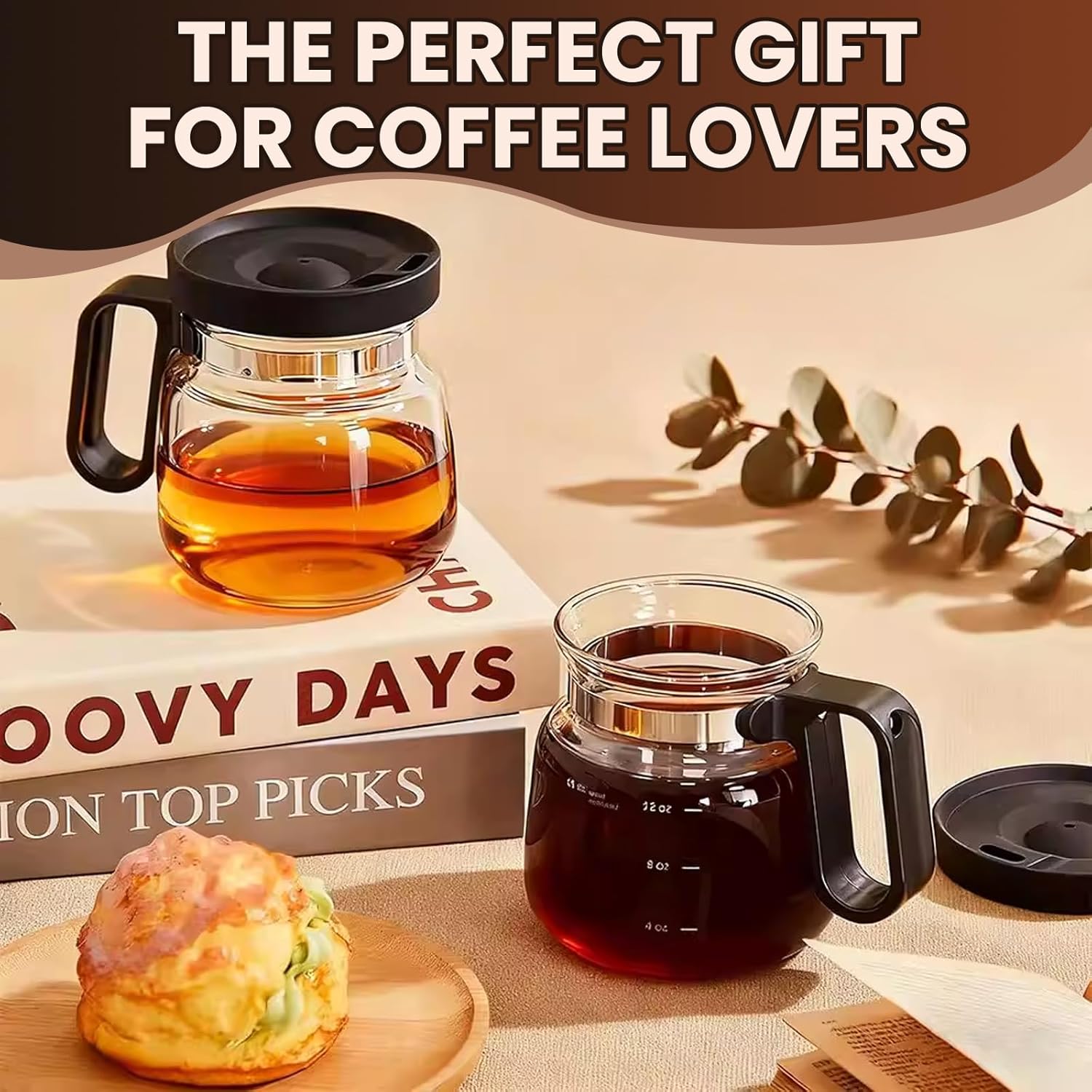 2PCS Mini Coffee Pot Mug,16 Oz Glass Travel Cup Maker Looks like Pot with Spill Proof Lid, Funny Novelty Small Unique Shaped Cool Clear Home Office Gifts for Hot Teas, No Ceramic