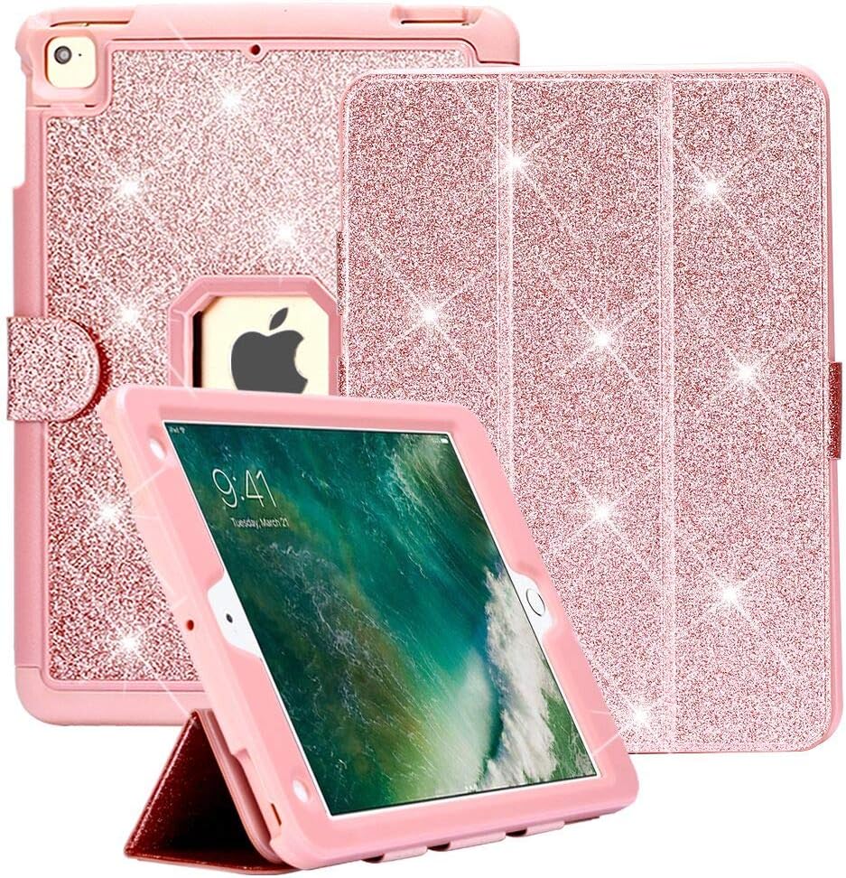iPad 9.7 Case 2018/2017, iPad Air 2 / iPad Pro 9.7 Cover, Glitter Series - Heavy Duty Full Body Protection Tri-Fold Magnetic Flip Case with Stand Rose Gold