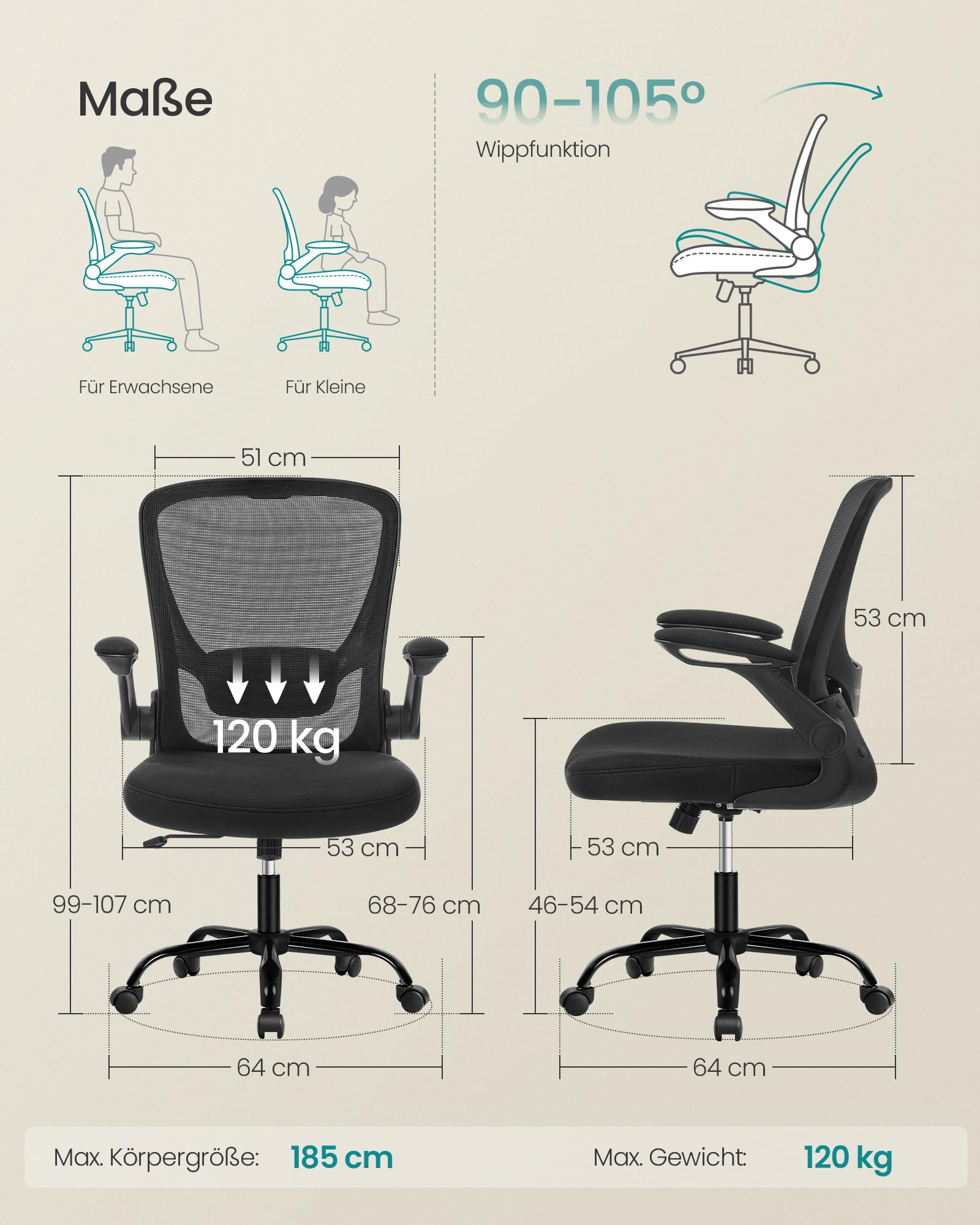 SONGMICS Bürostuhl ergonomisch Drehstuhl Mesh Lendenstütze Kopfstütze Wippfunktion 53 cm Sitzfläche klappbare Armlehnen schwarz OBN37BK