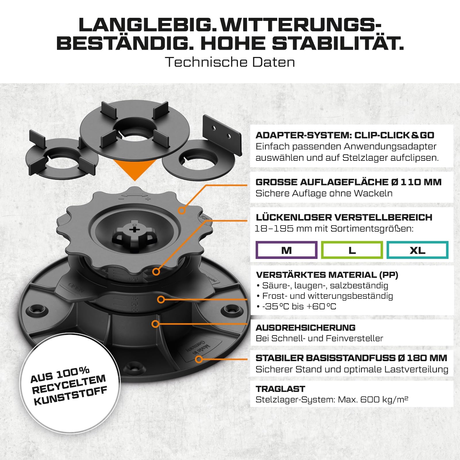 10x LANGFIT® Stelzlager "L" für Terrassendielen – Bis 50% schneller montiert – Mit Maßskala – Stufenlos höhenverstellbar von 35-75mm – Für Unterkonstruktionen aus Holz, WPC, Alu – Made in Germany