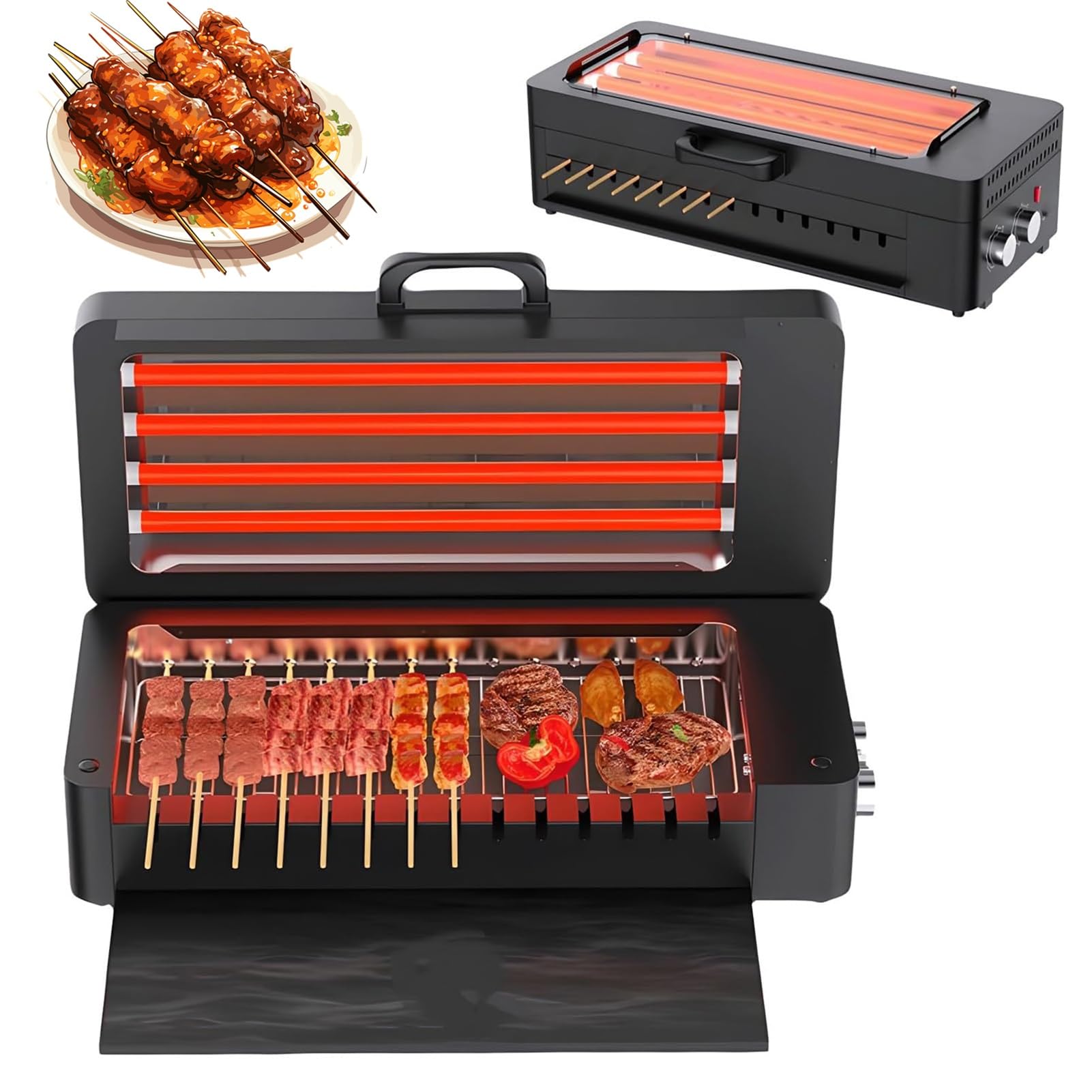 Elektryczny grill do kebaba, automatyczne obracające się szpikulce, domowy automatyczny grill elektryczny bezdymny, rolki ze stali nierdzewnej, obrót o 360°, łatwe czyszczenie na imprezy