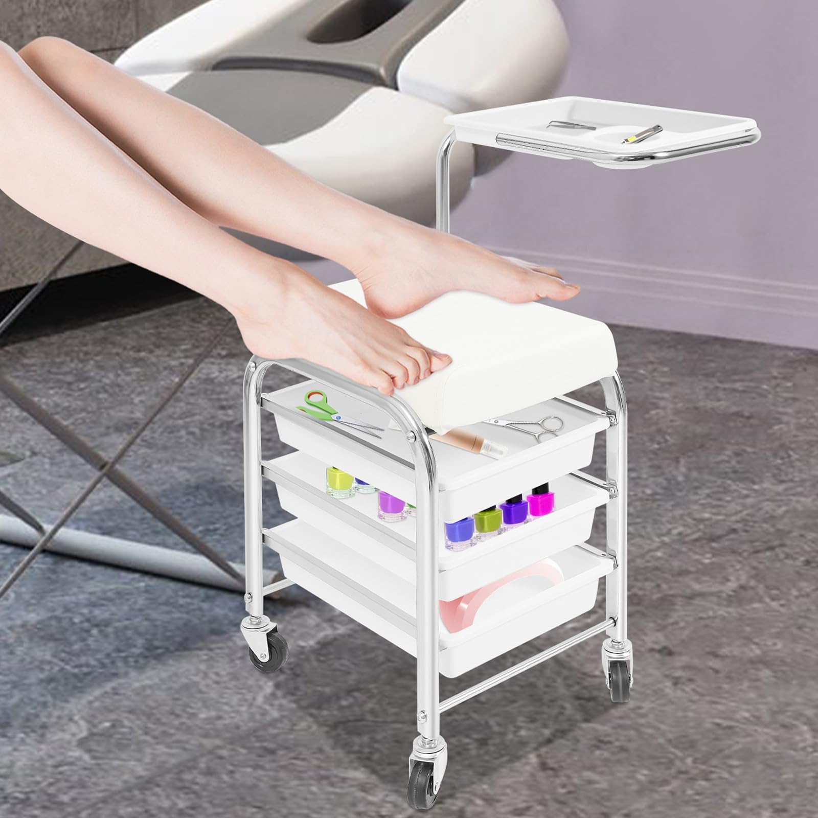 Carro de manicura regulable en altura blanco 100 kg 3 capas ruedas bandeja 20,87-30,31 pulgadas 12,2 x 14,96 x 17,32 pulgadas