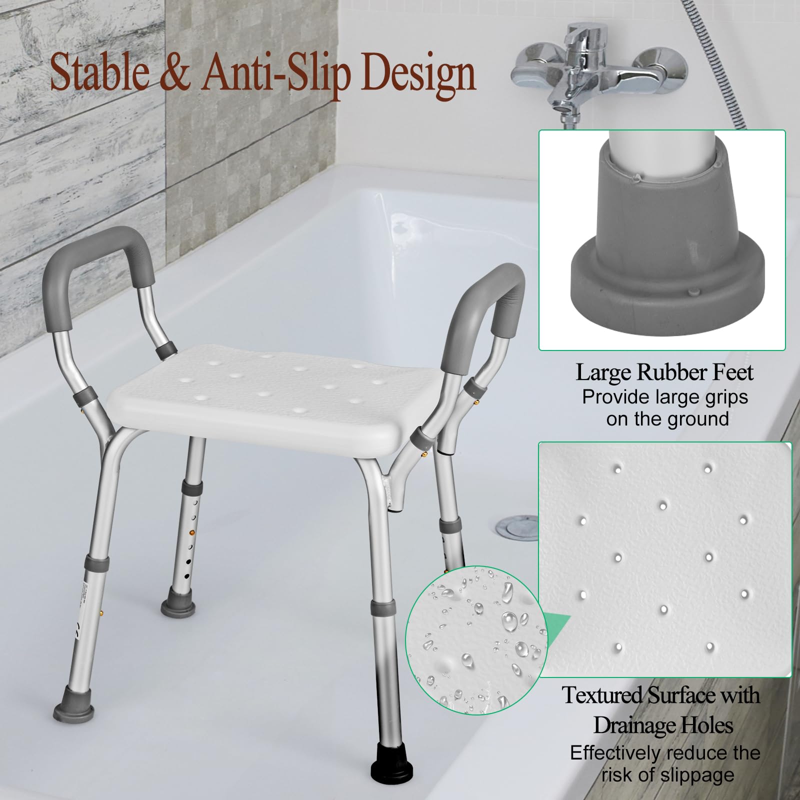 HOMASIS Taburete de Ducha Regulable en Altura en 6 nilveles, Banco de Ducha de Aluminio con Brazos Acolchados Desmontables y pies de Goma Antideslizantes, para Personas Mayores, 59x34x54-67cm, Blanco
