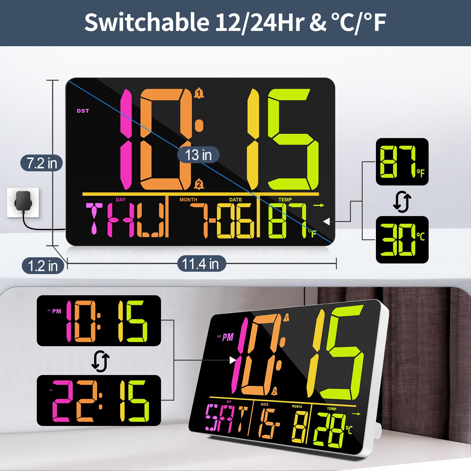 PERSUPER Reloj de pared digital grande de 13 pulgadas con control remoto, cambio de color RGB, 25 tonos de llamada, 0-100% brillo automático/personalizado, temperatura, calendario, 12/24 horas, DST,