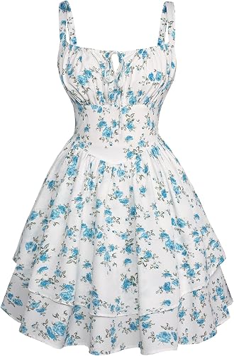 Scarlet Darkness Floral Mini Corset Dress for Women Teen 2026 Summer Spring Flowy A-Line Sundress with Pockets