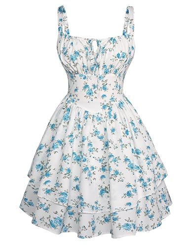 Scarlet Darkness Floral Corset Dress for Women Ruffle Mini Dress Summer Sundress - Medium - White Blue Floral