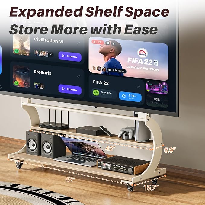 Soporte para TV rodante para TVs de 50-100 pulgadas, estante de madera, ruedas, ajustable, blanco marfil miniatura 5