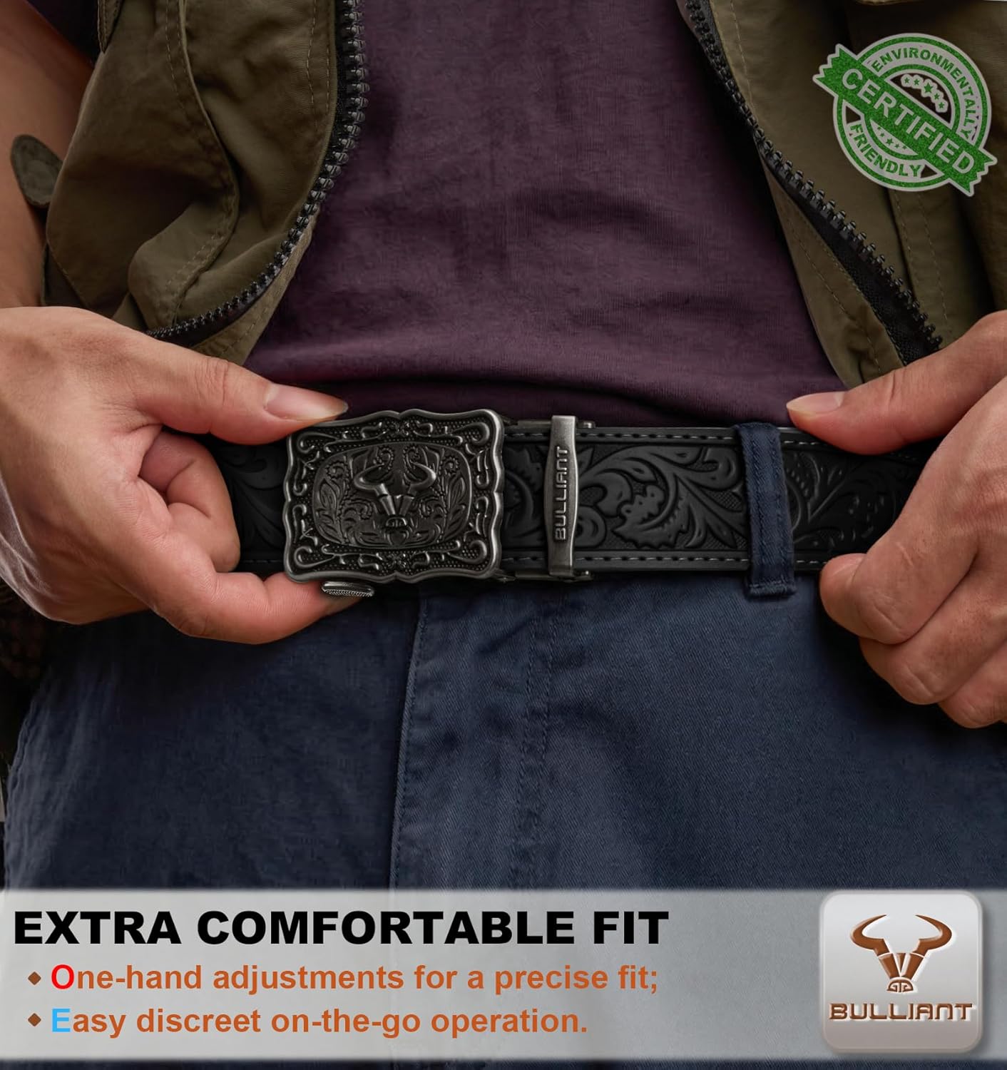 BULLIANT Men Belt-Ratchet Western Belt Adjustable for CowBoy Jean Casual Outdoor 1 1/2"-Cut For Fit
