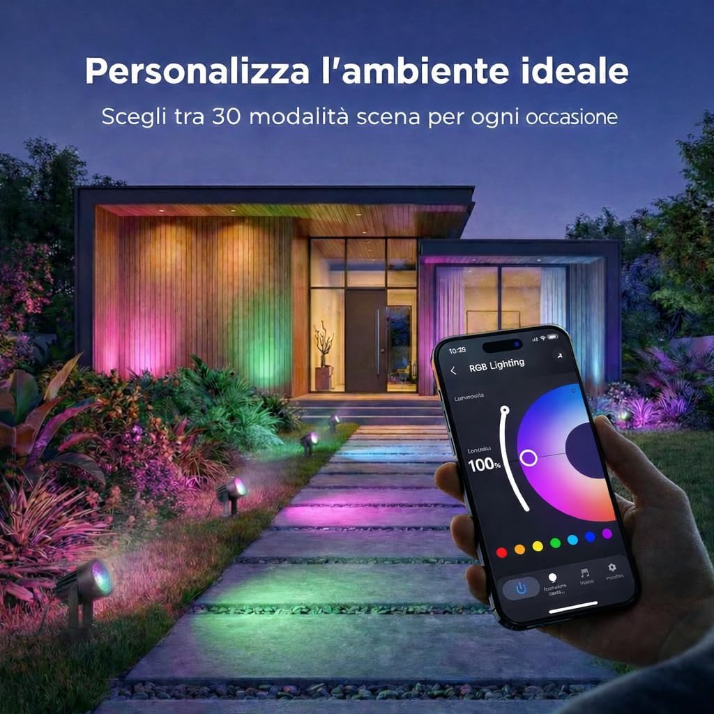 6 Faretti RGB da giardino Smart WiFi, Luci da Giardino IP67 Impermeabili, 16 Milioni di Colori e Dimmerabili, Compatibili con Alexa e Google Home, Controllo completo tramite App