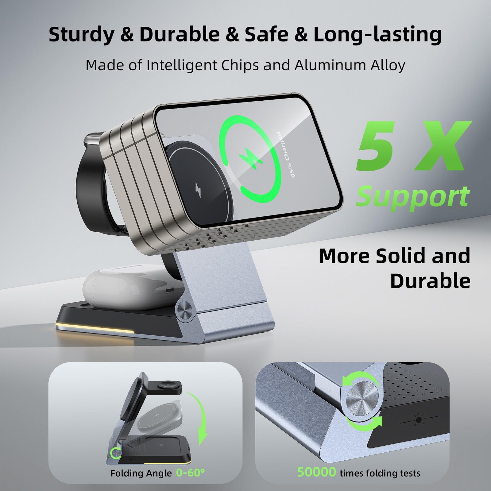 Station de charge sans fil 3 en 1 en aluminium, chargeur sans fil pliable pour Apple Magsafe avec lumière, support magnétique de voyage portable pour iPhone 16/15/14, montre, Airpod, adaptateur inclus