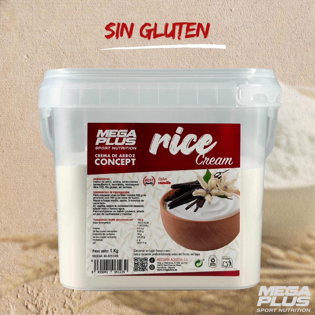 Crema de Arroz - Mega Plus Concept - Crema de arroz en polvo - Sin azúcares añadidos - alto en carbohidratos - Sin Gluten - Sin Lactosa- 1 kg (1 Kg, Vainilla) — view 5
