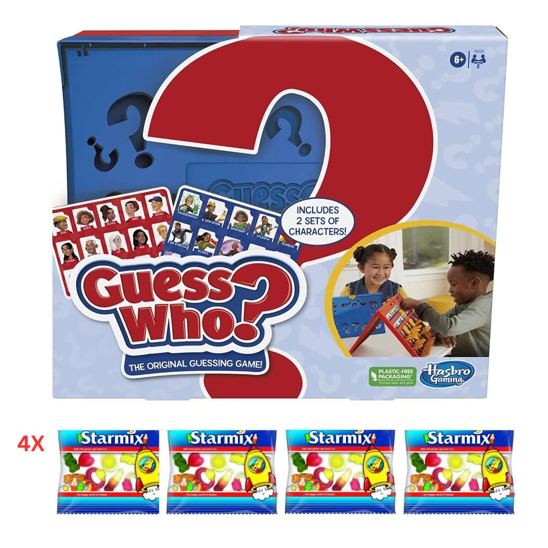 Guess Who Board Games and 4 Sweet Bags – Travel Games, Kids Games, Board Games for Adults, Children’s Games, Chewy Sweets by G&C Products